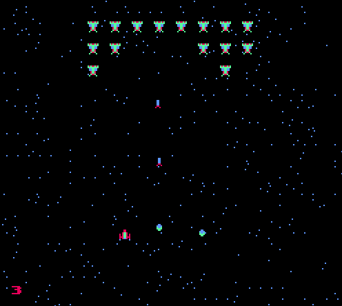 Gameplay showing player ship and enemy formations